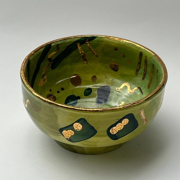 Lime Green Abstract Pottery Snack Bowl with Genuine Gold Accents - Picture 5 of 11